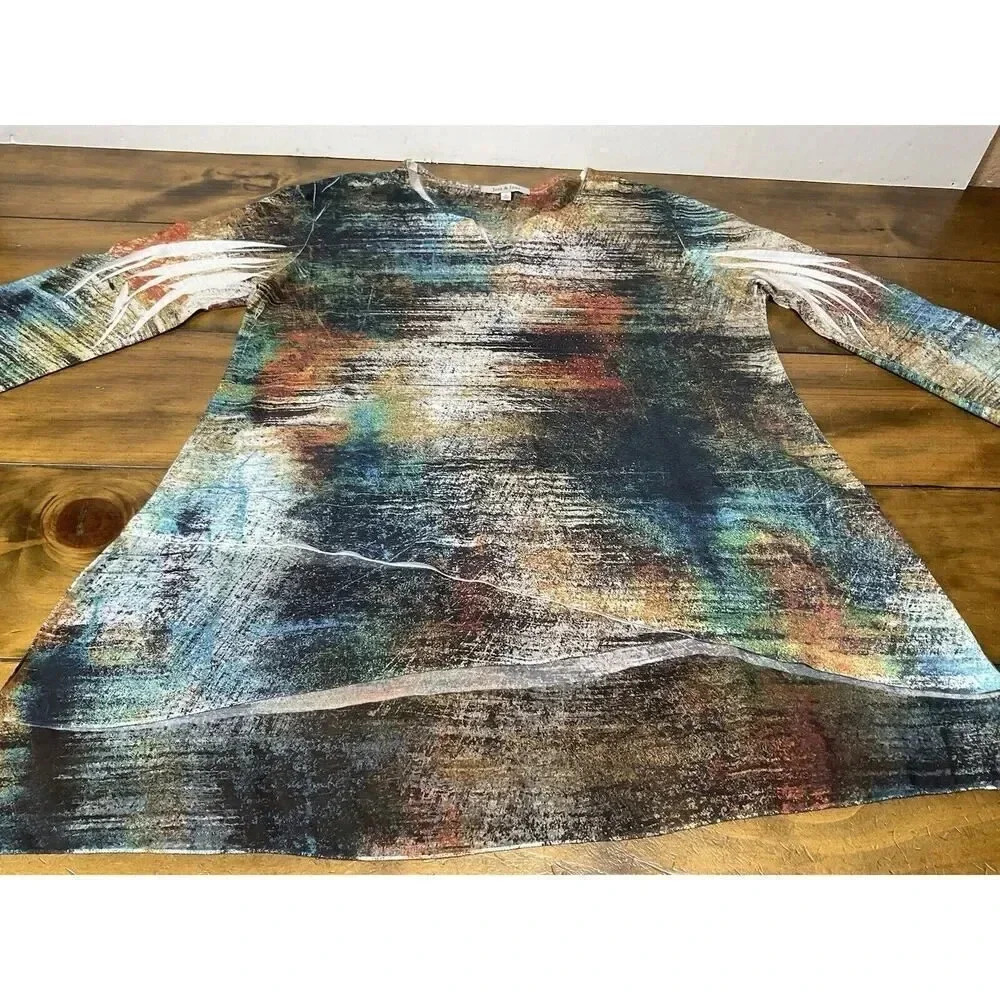 Jess and Jane Womens Large Watercolor Abstract Rhinestone Print Tunic Top - Picture 2 of 11
